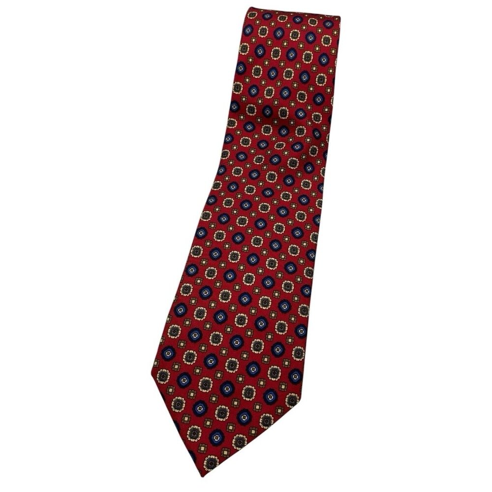 KITON 7fold 100% Silk Necktie LUXURY Tie XL Red Geometric  W:3.8" EUC